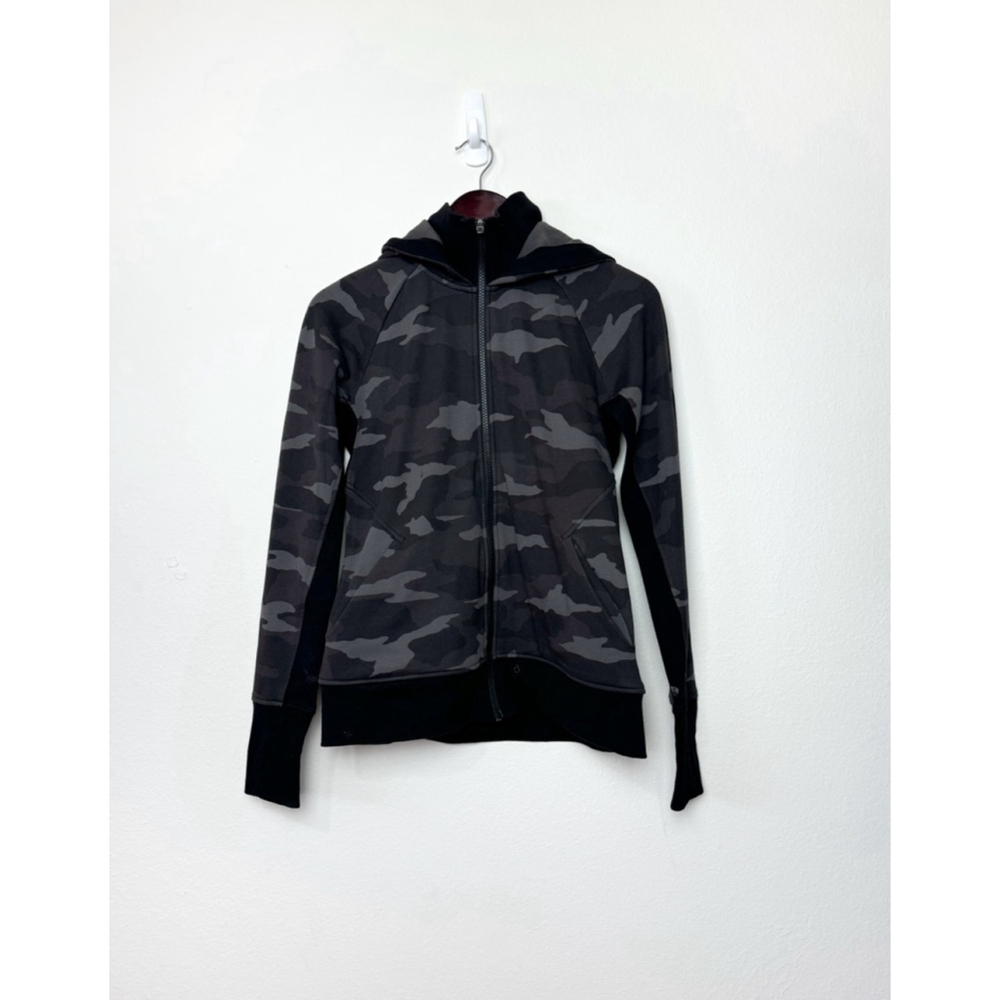 Athleta Women Triumph Hoodie Black Gray Camo Full Zip Small Gym Athleisure READ
